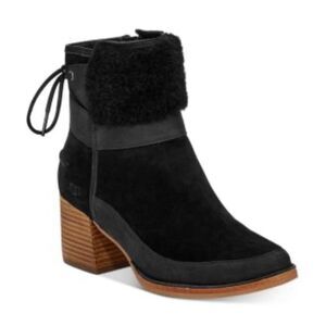 UGG Women's Kirke Suede Stacked Heel Booties Real Shearling Trim Black Size 7